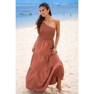 Baksteen maxi-jurk met één schouder en gesmokt lijfje