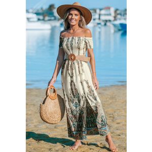 Crèmekleurige gebloemde off-shoulder gesmokte maxi-jurk