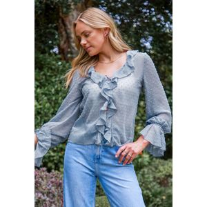 Lichtblauwe blouse met blousonmouwen en gegolfde Zwitserse stippen