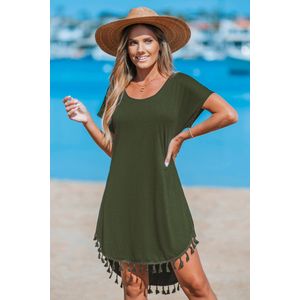 Olijfgroene mini-jurk met korte mouwen en kwastjes