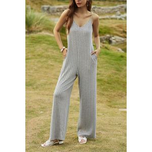 Grijze geribbelde gebreide jumpsuit met wijde pijpen