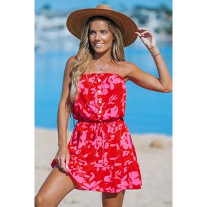 Fuchsia mini-buisjurk met gebloemde taille en strikceintuur