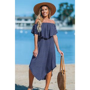 Marineblauwe en witte gestreepte off-shoulder midi-jurk met volantslijfje