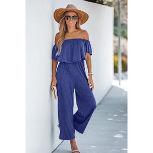Blauwe off-shoulder jumpsuit met rechte pijpen