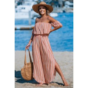 Baksteen-witte off-shoulder jumpsuit met volantslijfje