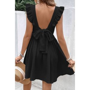 Zwarte mini-jurk met v-hals en fladdermouwen op de rug