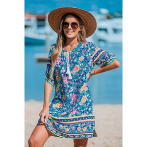 Bloemen Boho mini-jurk met splithals en kwastje