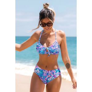 Arty Bloemblaadjes Bralette met gesmokte kanten rug en halfhoge blauwe bikiniset