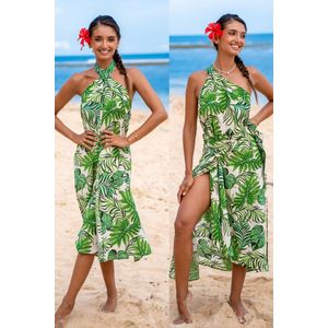 Groene palmblad maxi cover-up met één schouder