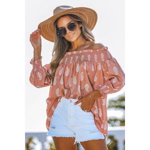 Koraalkleurige paisley blouse met off-shoulder pofmouwen