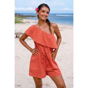 Oranje romper met één schouder en ruches