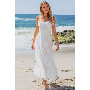 Witte maxi-jurk met liefje  gestrikte schouder en volantzoom