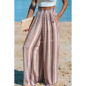 Boho gestreepte broek met gesmokte taille en wijde pijpen