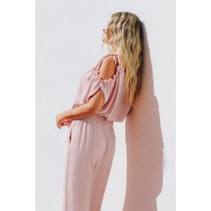 Roze jumpsuit met V-hals en korte mouwen met taps toelopende pijpen