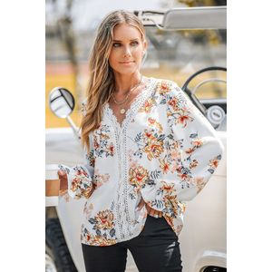 Top met trompetmouwen van kant met bloemenprint