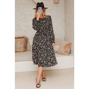 Midi-jurk met ronde hals en ceintuur met bloemenprint
