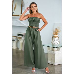 Olijfgroene jumpsuit met gesmokte taille en wijde pijpen