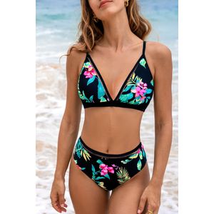 Diepe jungle bloemen bikinitop en halfhoge broekset