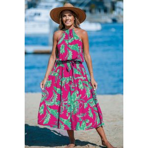 Roze en groene tropische halternek maxi-jurk