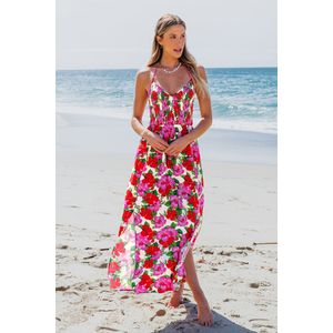 Maxi-jurk met gesmokt lijfje en bloemenhalternek