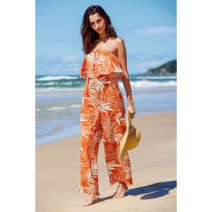 Oranje tropische blad-jumpsuit met lijfje en tube-top