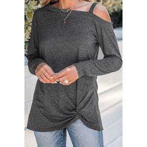 Gemêleerd gebreid gedraaid T-shirt met één schouder