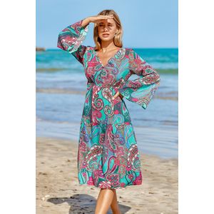 Blauwgroen paisley midi-jurk met klokmouwen