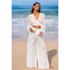 Witte cover-up top met pofmouwen en bloemen