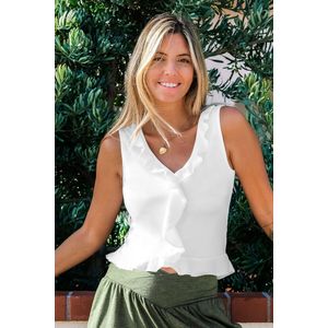 Witte cropped tanktop met V-hals en ruches