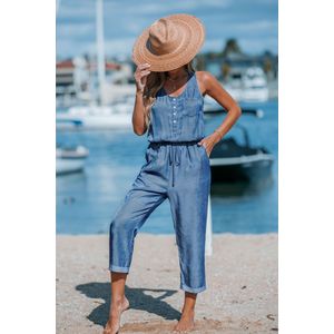 Blauwe mouwloze jumpsuit met ronde hals en zak
