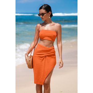 Oranje geribbelde cropped tubetop en asymmetrische rok met V-taille