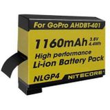 Accu (1160 mAh) geschikt voor GoPro Hero 4 Black, GoPro Hero 4, GoPro Hero 4 Silver (335-06532-000, AHDBT-401, NLGP4)