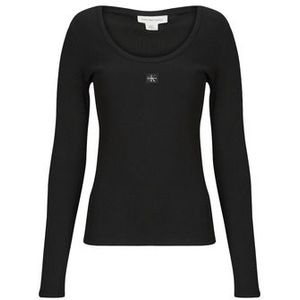 Calvin Klein - LS WOVEN LABEL 2X2 RIB SCOOP NEC - Shirt - Zwart - Lange Mouwen