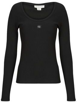 Calvin Klein - LS WOVEN LABEL 2X2 RIB SCOOP NEC - Shirt - Zwart - Lange Mouwen