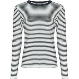 PETIT BATEAU - Iconisch T-shirt - Ecru/Marine - Lange Mouwen - Gestreept Ribtricot