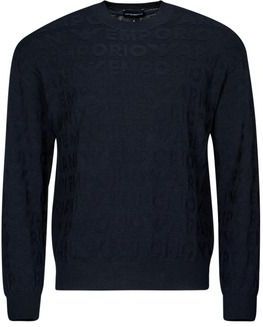 Emporio Armani - Logo Jacquard Crewneck Jumper - Blauw - Wol - Heren