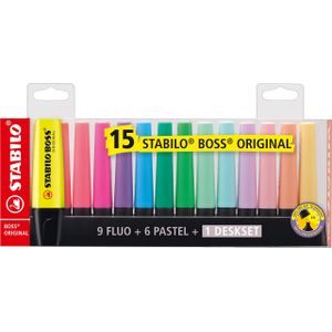 STABILO BOSS ORIGINAL Markeerstiften - 15 stuks deskset - 9 standaard kleuren en 6 pastel kleuren