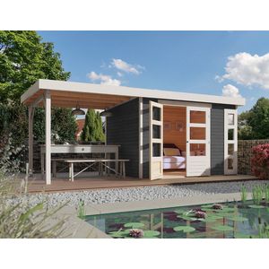 Tuinhuis Kerko 4 Terragrijs Karibu met overkapping 542x217x211cm Wanddikte 19mm