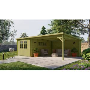 Blokhut Anton - Groen - Scandinavisch Vuren Hout - Met Berging en Overkapping