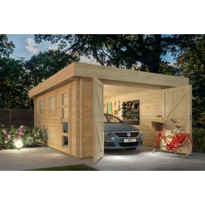 Houten garage Marketta 380x536cm Bouwpakket - Moderne Schuur met plat dak Wanddikte 44 mm