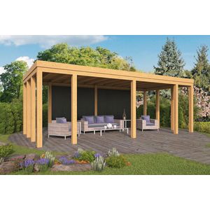 Doe het zelf overkapping Brammelo Lariks Glad Geschaafd 750x355cm DHZ plat dak met zwarte wanden