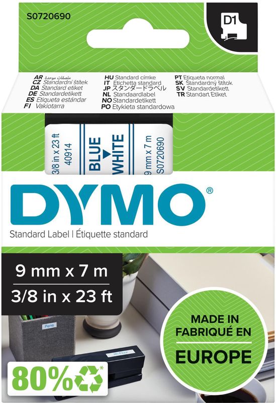 Labeltape Dymo LabelManager D1 polyester 9mm blauw op wit | 5 stuks