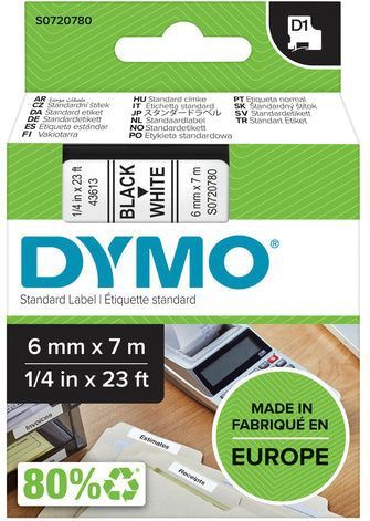 Labeltape Dymo LabelManager D1 polyester 6mm zwart op wit | 5 stuks