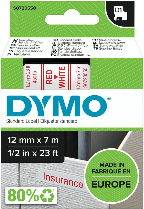 Dymo - D1 Tape - Wit met Rode Opdruk - 12mm - 7m