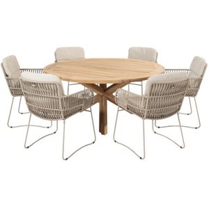 Murcia Prado dining tuinset 160 cm rond 7 delig latte teak 4 Seasons Outdoor
