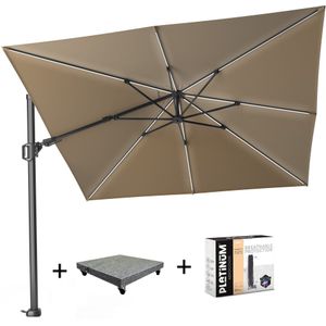 Challenger T2 glow zweefparasol 300x300 cm taupe met 90KG voet en hoes