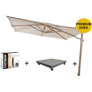 Siesta premium zweefparasol 300x300 cm houtlook sand 4 Seasons Outdoor met 90 KG voet en hoes
