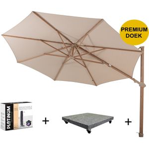 Siesta premium zweefparasol 350 cmØ houtlook frame sand 4 Seasons Outdoor met 90 kg voet en hoes