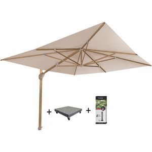 Hacienda zweefparasol 300x400 cm houtlook zand 4 Seasons Outdoor met 120 KG voet en hoes