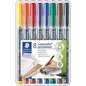Staedtler Lumocoler 317, OHP-marker, permanent, 1,0 mm, etui van 8 stuks in geassorteerde kleuren